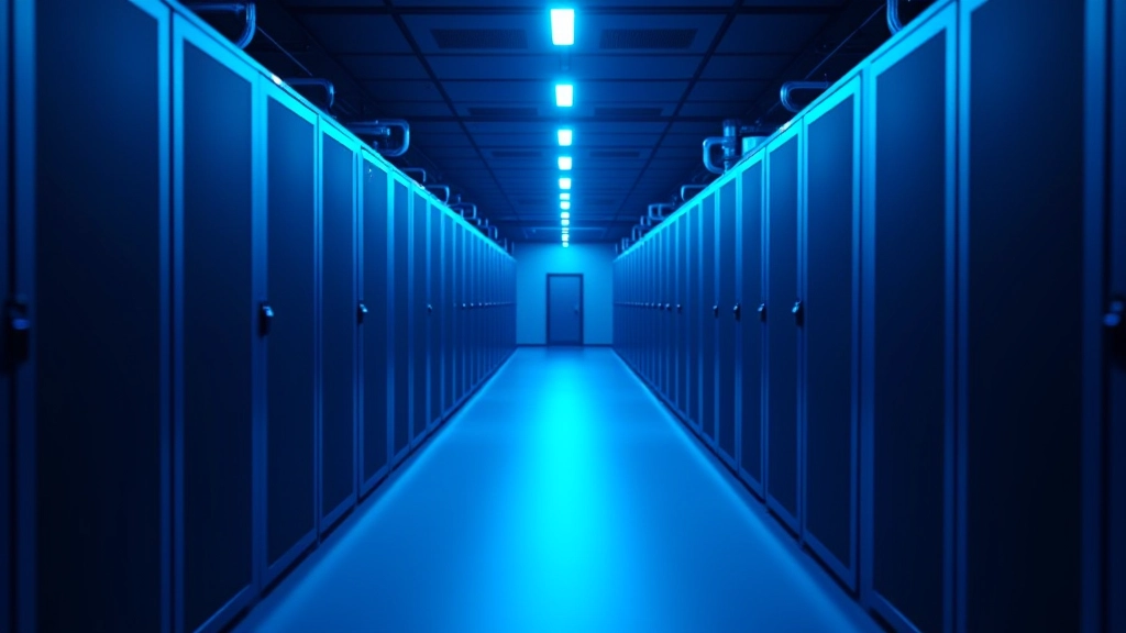 Server room with blue LED lighting showing data center infrastructure and network equipment for game server hosting