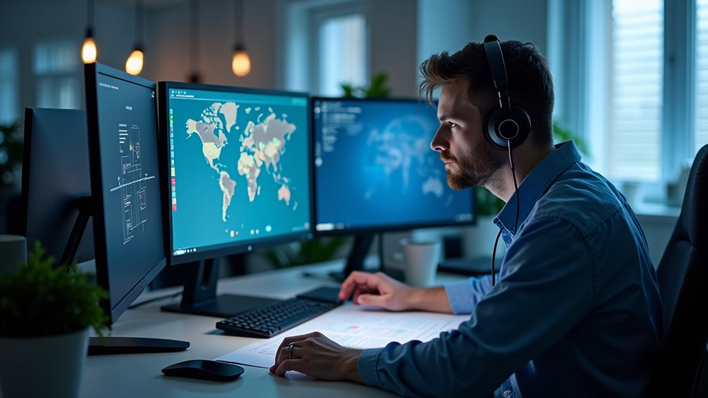 Developer at workstation with multiple monitors showing network diagrams and game development tools