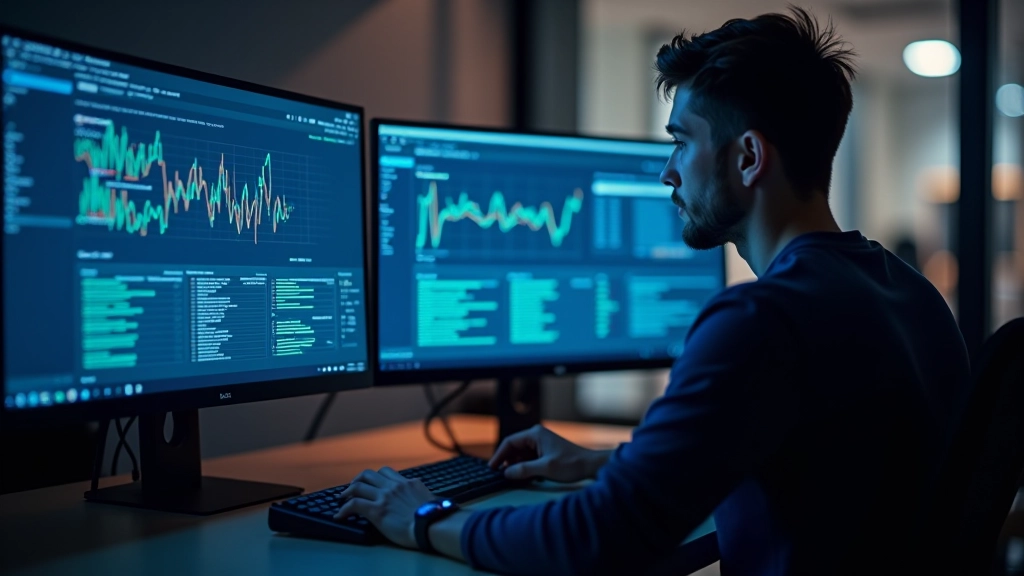 Developer working at desk with multiple monitors displaying network latency graphs and performance metrics