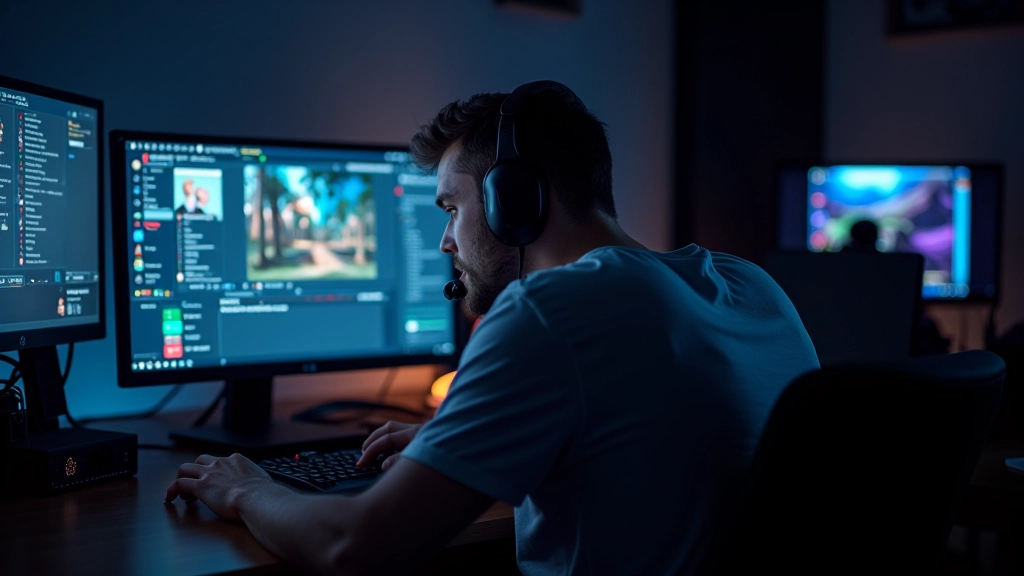 Professional game developer workspace with multiple monitors showing real-time multiplayer game session with player avatars and network synchronization data