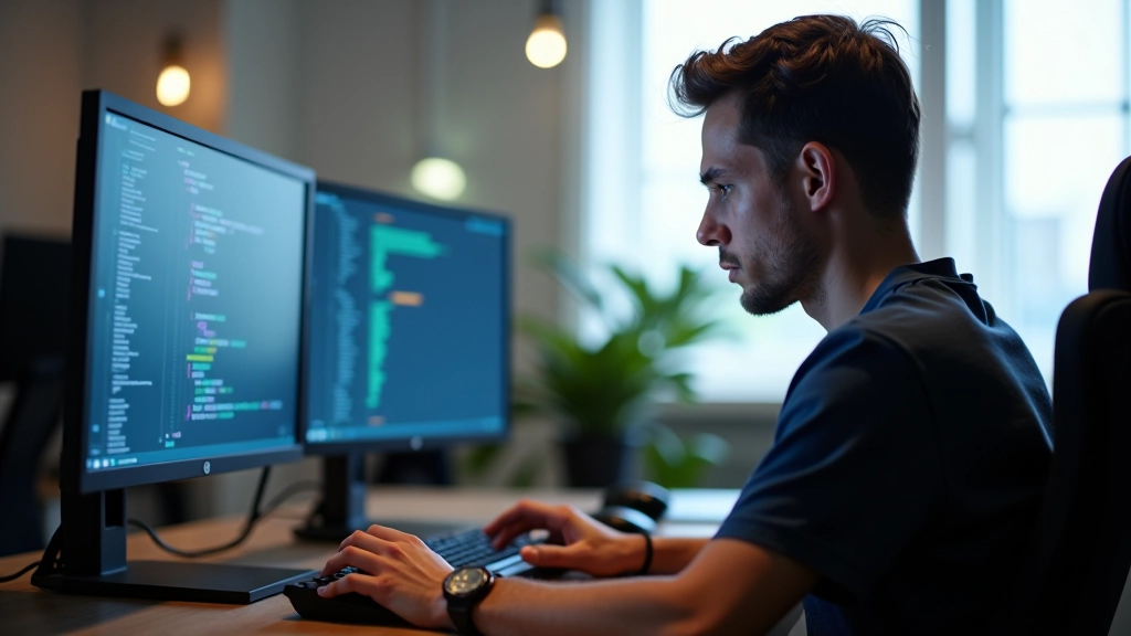 Game developer implementing player state management system on dual monitors