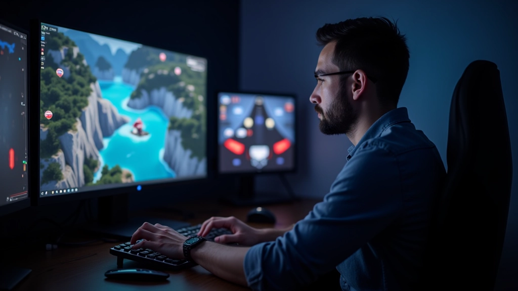 Game developer testing multiplayer functionality on computer, showing character interactions and real-time player synchronization