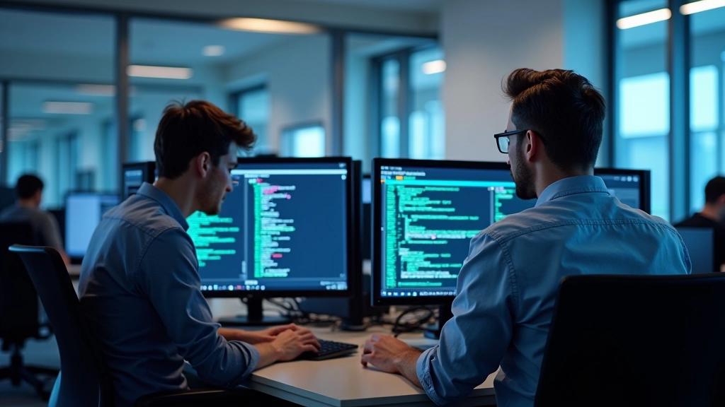 Modern game development studio with multiple monitors displaying network architecture diagrams and code editors