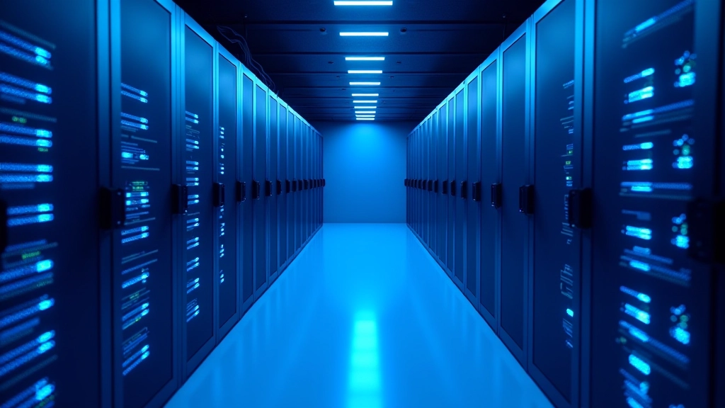 Server room with blue LED lighting, rows of servers, network cables, and server racks in a data center environment