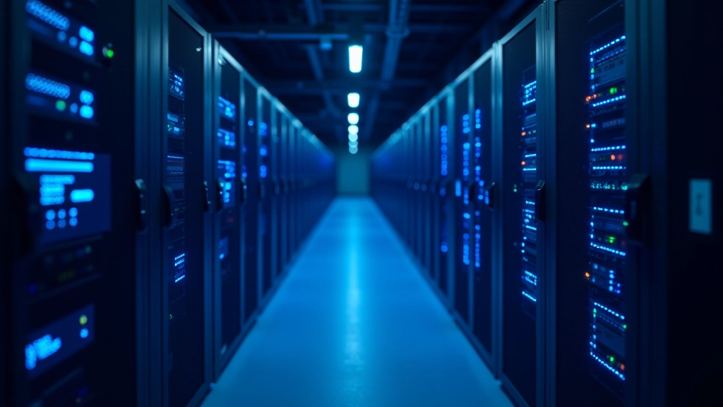 Modern server room with multiple networked computers and blue lighting, showing interconnected systems and data center infrastructure
