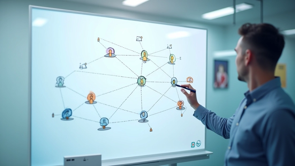 Network diagram showing distributed nodes connected directly to each other without central server, representing peer-to-peer architecture